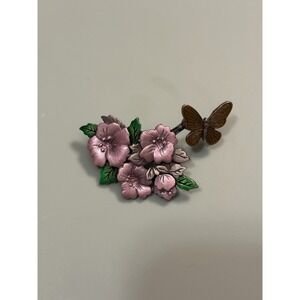 Spoontiques Vintage Pewter Trembler Butterfly Pink Flower Floral Brooch Pin